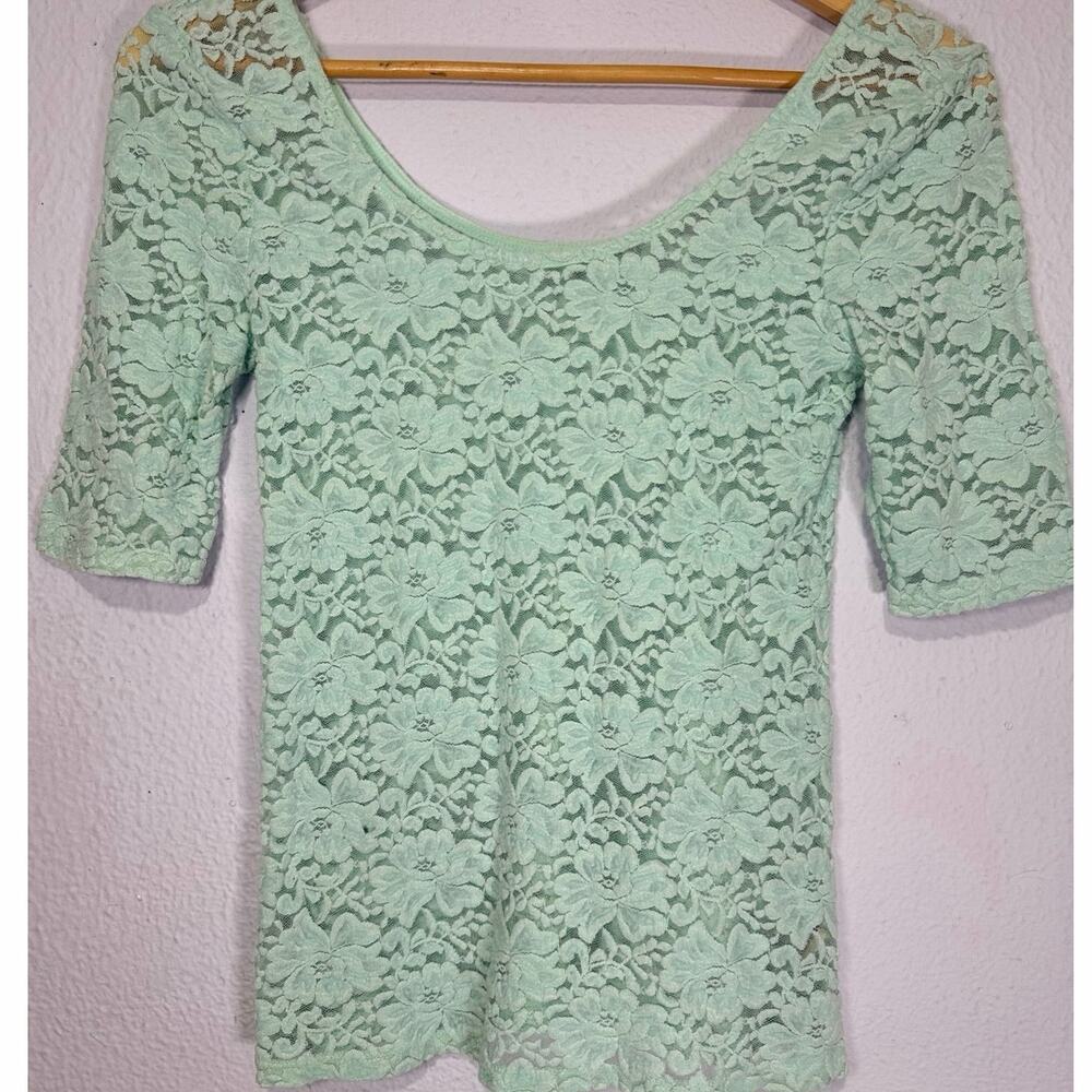 Y2K Mudd Lace Top Mint Green Womens Coquette Fairycore L Soft Grunge Fitted Tee
